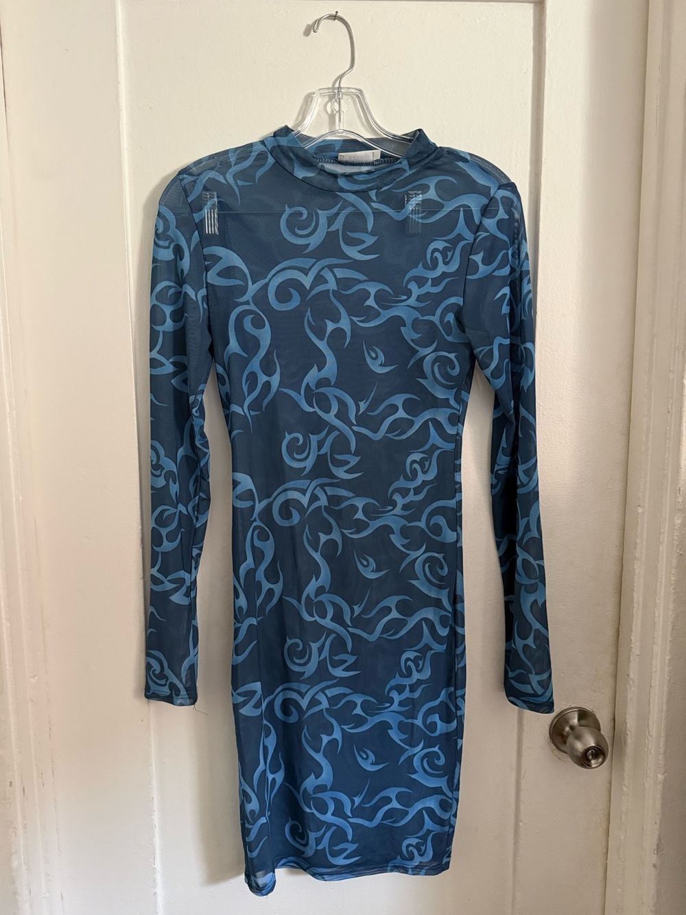 Mesh Blue Metal Pattern Swirl Long Sleeve Bodycon Dress Size L/XL